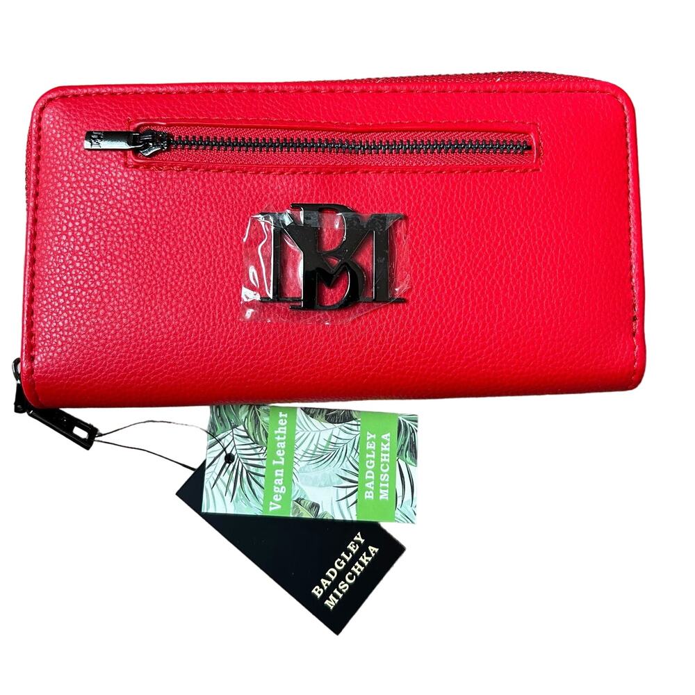 Badgley Mischka Wallet Size‎ OS Red Vegan Leather Zip Around BMW-007 NEW